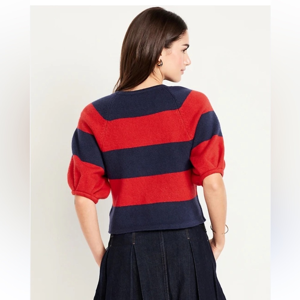 Old Navy SoSoft Cropped Puff-Sleeve Sweater size SM striped red blue - Picture 4 of 9